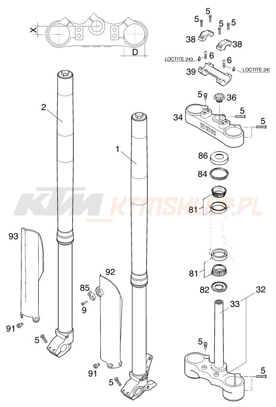 Schemat "przód amortyzatory, półki zawieszenia" do KTM 125 SUPERMOTO 80
