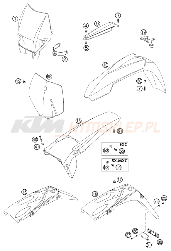 Schemat "czasza, błotniki" do KTM 125 SX