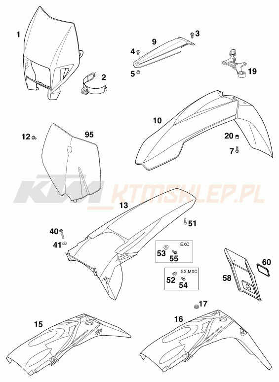 Schemat "czasza, błotniki" do KTM 125 EXC