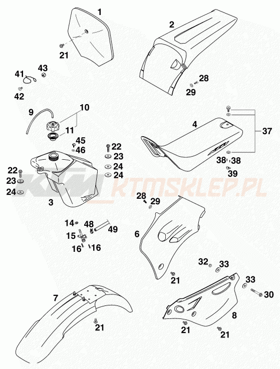 Schemat "zbiornik paliwa, siedzenie, pokrowiec" do KTM 65 SX