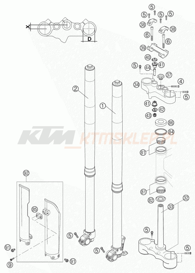 Schemat "przód amortyzatory, półki zawieszenia" do KTM 640 LC4 ADVENTURE