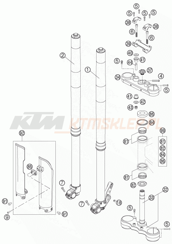 Schemat "przód amortyzatory, półki zawieszenia" do KTM 625 SMC