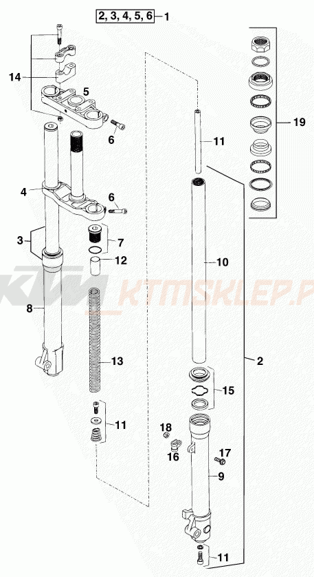 Schemat "przód amortyzatory, półki zawieszenia" do KTM 50 MINI ADVENTURE