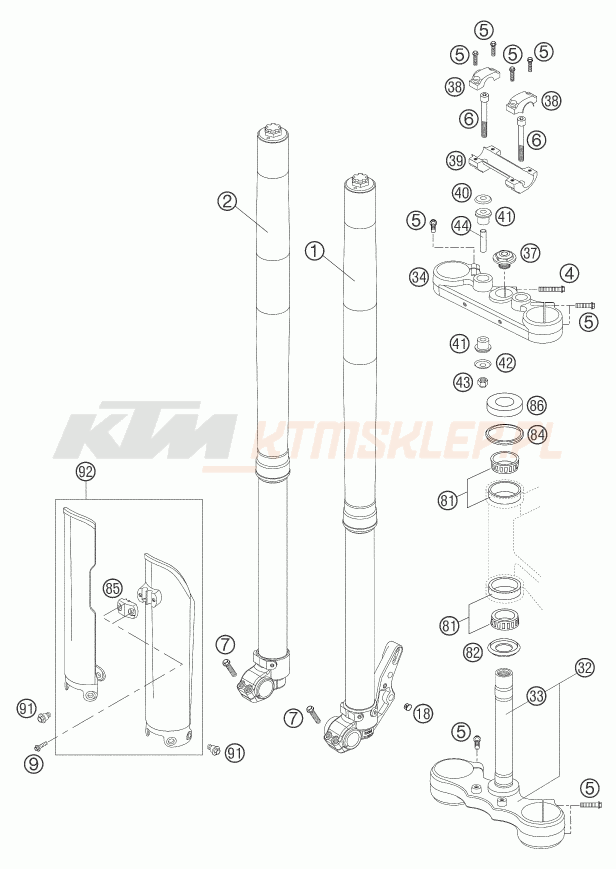 Schemat "przód amortyzatory, półki zawieszenia" do KTM 625 SMC