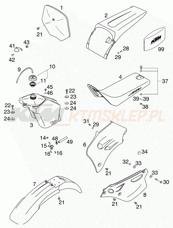 Schemat "zbiornik paliwa, siedzenie, pokrowiec" do KTM 60 SX