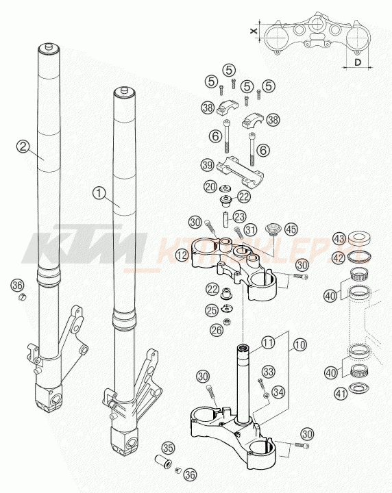 Schemat "przód amortyzatory, półki zawieszenia" do KTM 640 DUKE II