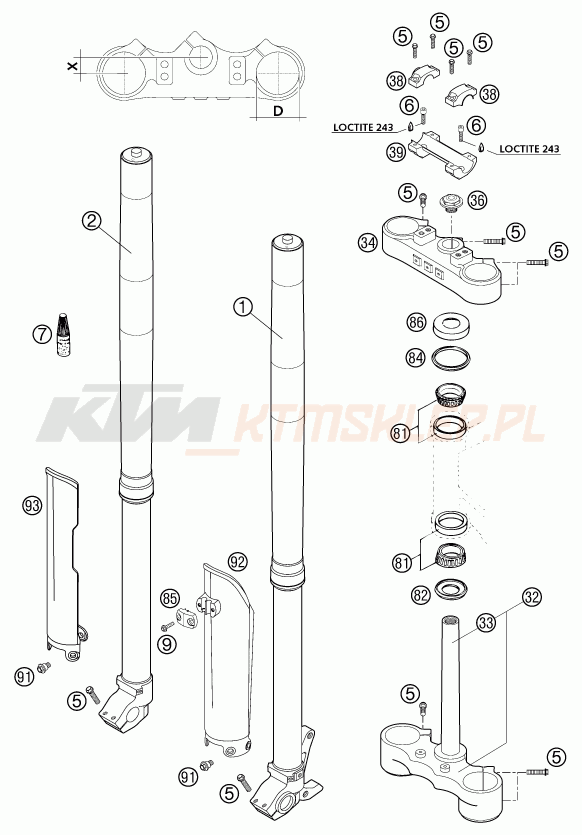Schemat "przód amortyzatory, półki zawieszenia" do KTM 400 MXC RACING