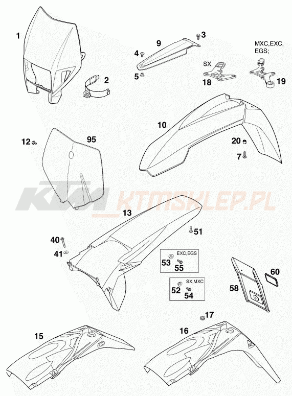 Schemat "czasza, błotniki" do KTM 125 EXC