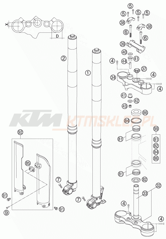 Schemat "przód amortyzatory, półki zawieszenia" do KTM 640 LC4 ENDURO