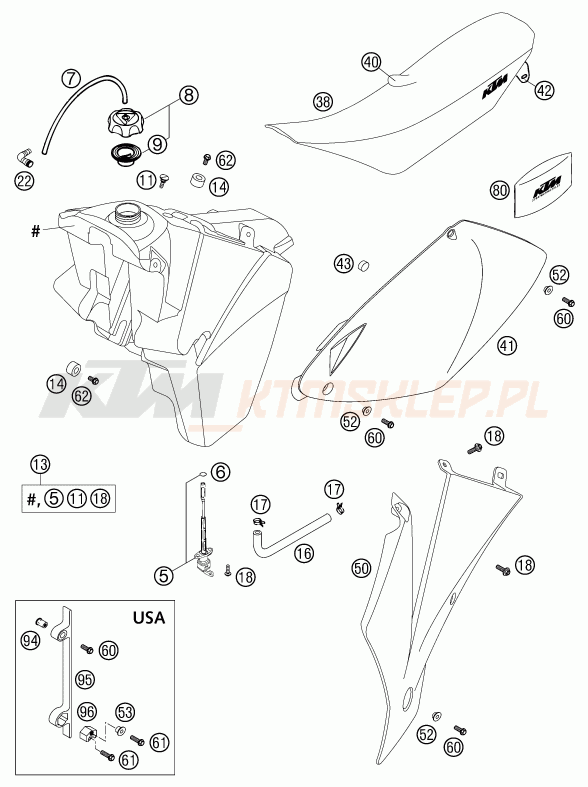 Schemat "zbiornik paliwa, siedzenie, pokrowiec" do KTM 250 EXC