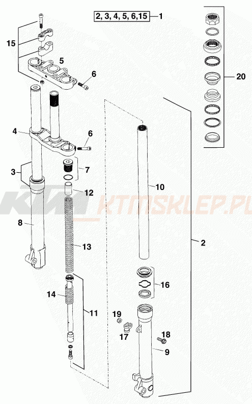 Schemat "przód amortyzatory, półki zawieszenia" do KTM 50 SX SENIOR