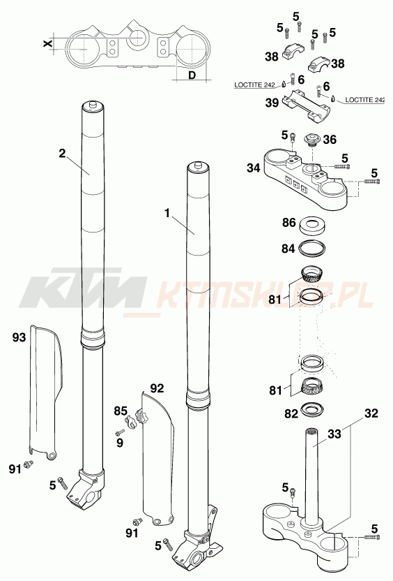 Schemat "przód amortyzatory, półki zawieszenia" do KTM 400 SC