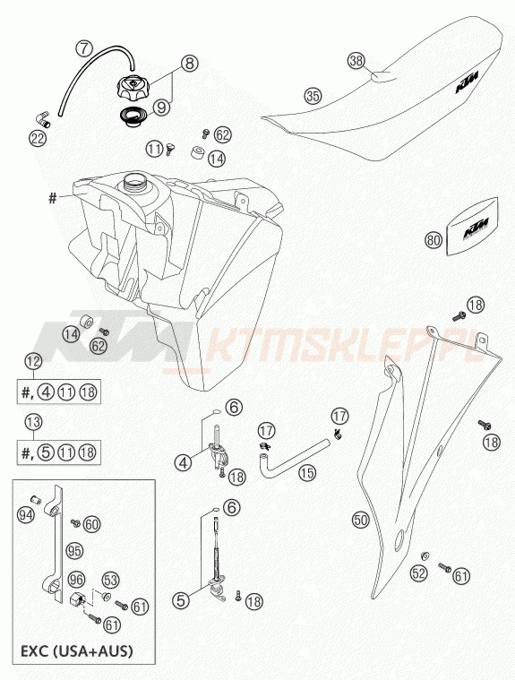 Schemat "zbiornik paliwa, siedzenie, pokrowiec" do KTM 125 SX