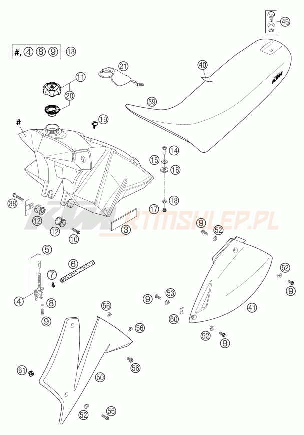 Schemat "zbiornik paliwa, siedzenie, pokrowiec" do KTM 625 SMC