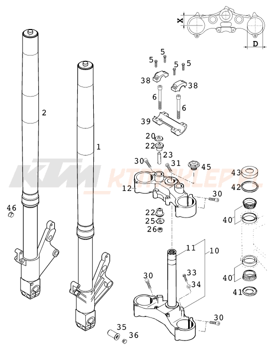 Schemat "przód amortyzatory, półki zawieszenia" do KTM 640 DUKE II