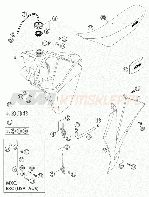 Schemat "zbiornik paliwa, siedzenie, pokrowiec" do KTM 250 SXS