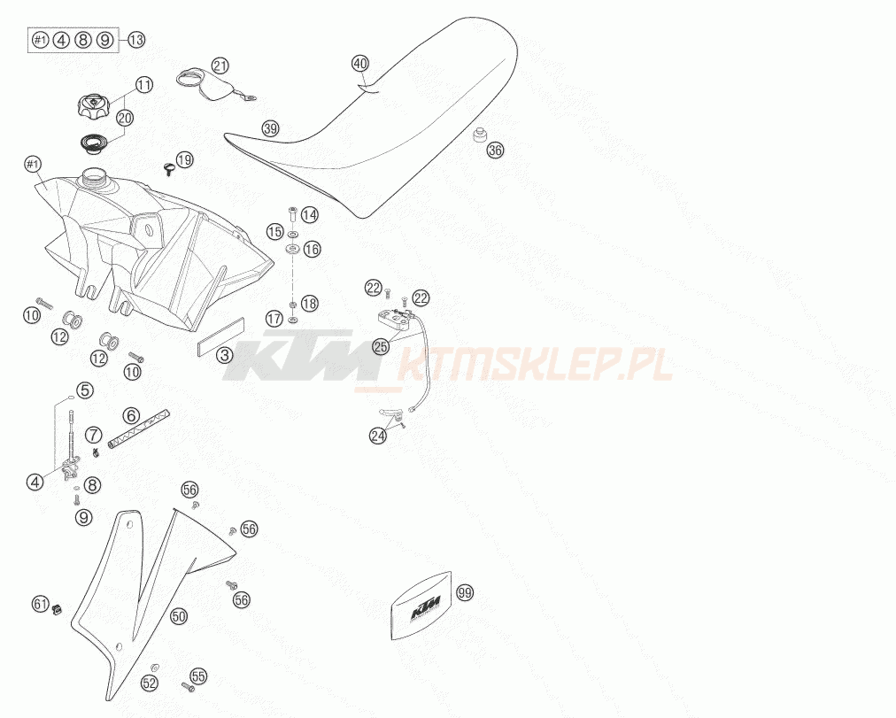 Schemat "zbiornik paliwa, siedzenie, pokrowiec" do KTM 660 SMC
