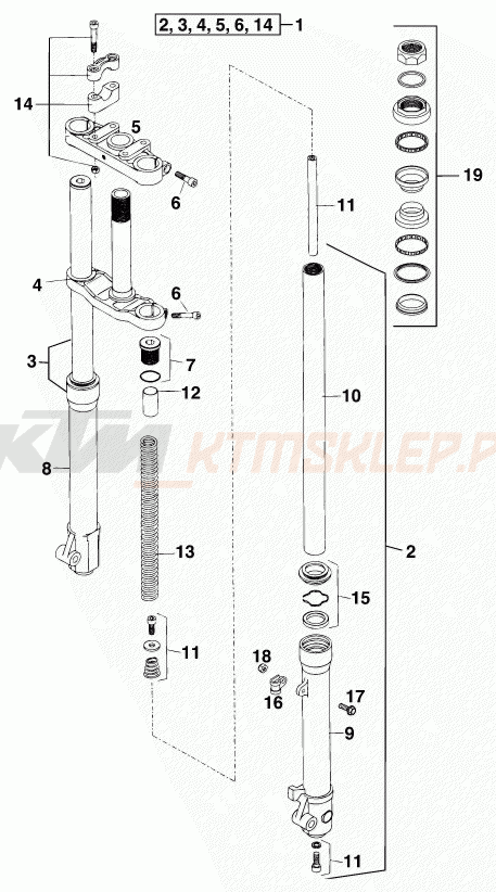 Schemat "przód amortyzatory, półki zawieszenia" do KTM 50 MINI ADVENTURE