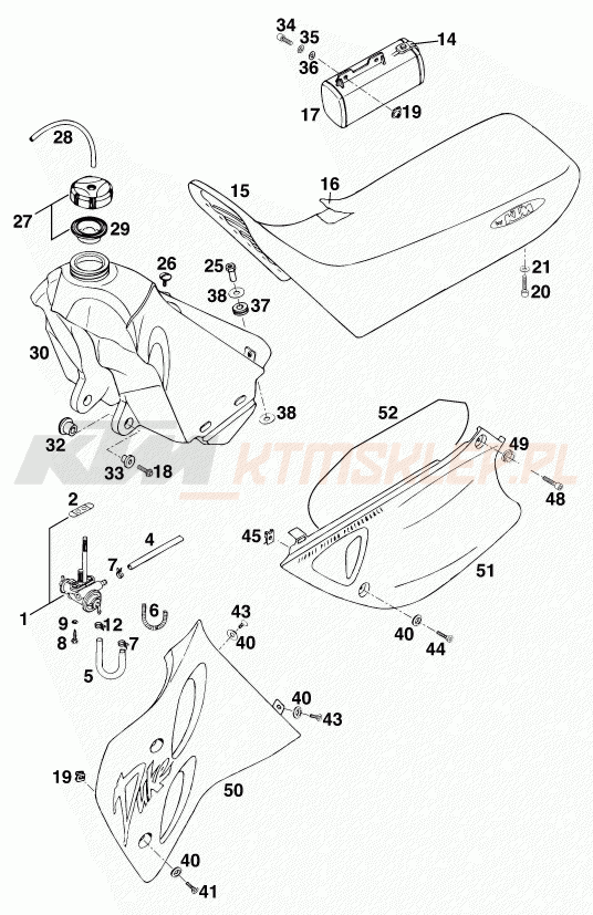 Schemat "zbiornik paliwa, siedzenie, pokrowiec" do KTM 400 DUKE/ 20kW