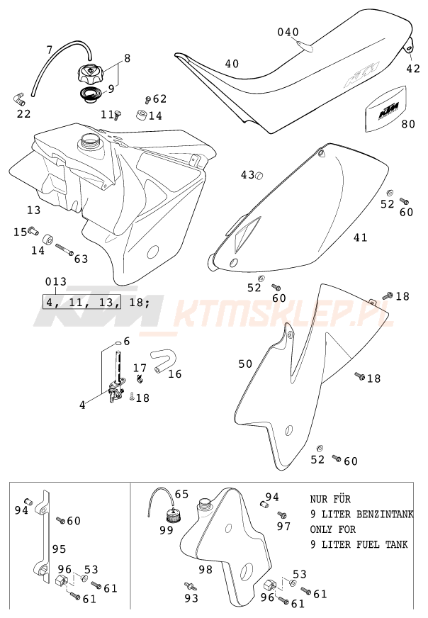 Schemat "zbiornik paliwa, siedzenie, pokrowiec" do KTM 400 EXC RACING