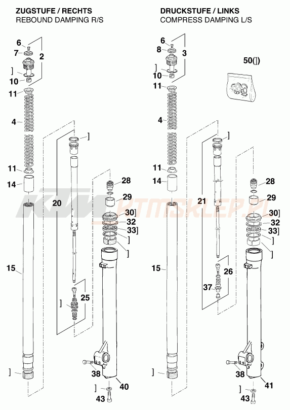 Schemat "przód amortyzatory spis części" do KTM 125 E-GS WP