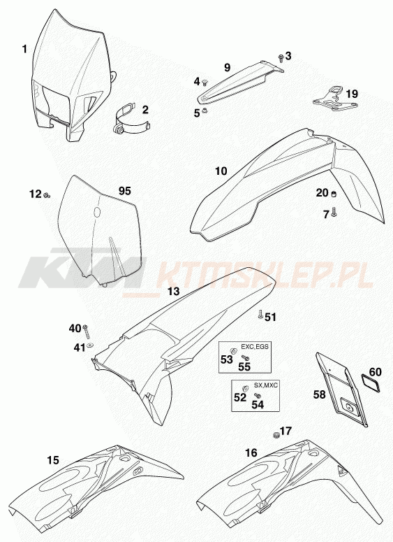 Schemat "czasza, błotniki" do KTM 250 SX
