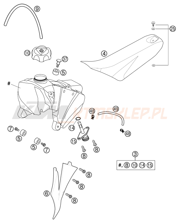 Schemat "zbiornik paliwa, siedzenie, pokrowiec" do KTM 65 SX