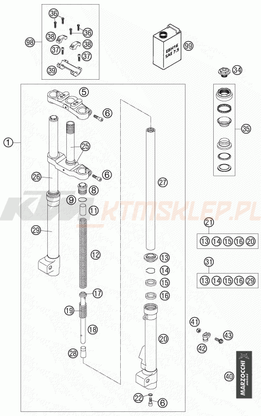 Schemat "przód amortyzatory, półki zawieszenia" do KTM 50 MINI ADVENTURE