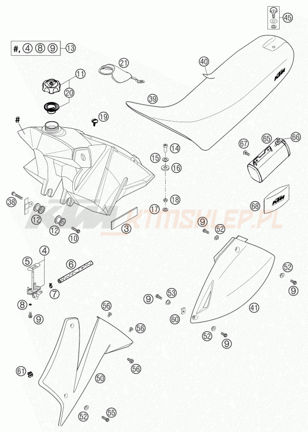 Schemat "zbiornik paliwa, siedzenie, pokrowiec" do KTM 625 SXC