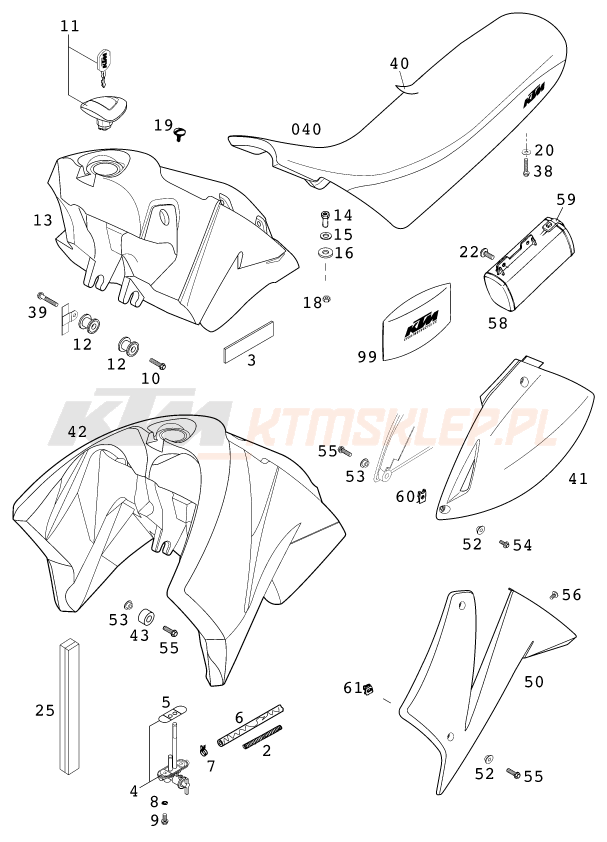 Schemat "zbiornik paliwa, siedzenie, pokrowiec" do KTM 640 LC4-E Super-Moto