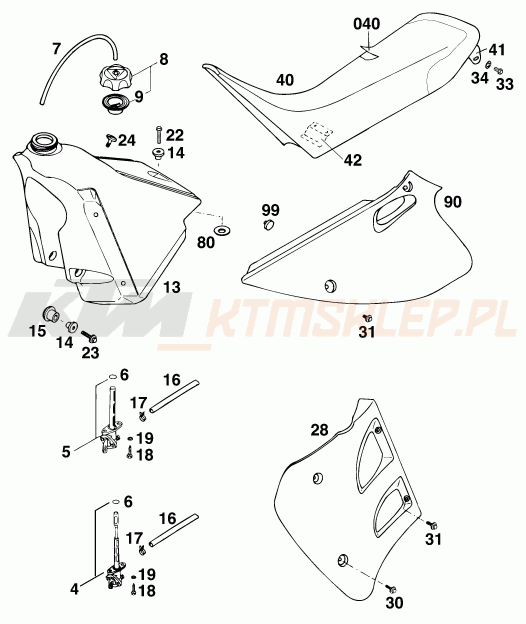 Schemat "zbiornik paliwa, siedzenie, pokrowiec" do KTM 125 E-XC WP