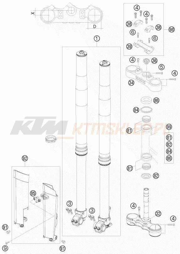 Schemat "przód amortyzatory, półki zawieszenia" do KTM 200 EXC