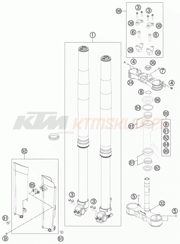 Schemat "przód amortyzatory, półki zawieszenia" do KTM 125 EXC SIX-DAYS