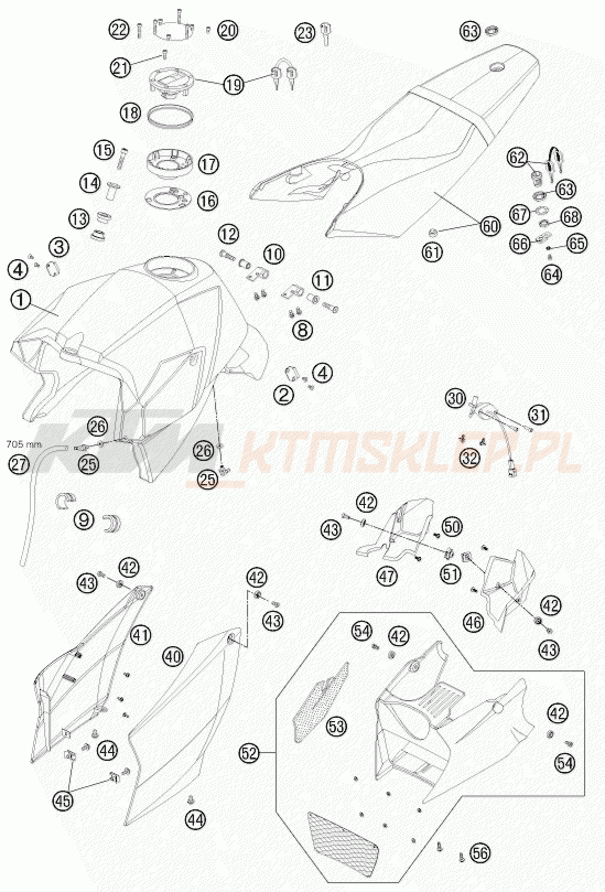 Schemat "zbiornik paliwa, siedzenie, pokrowiec" do KTM 990 SUPER DUKE R