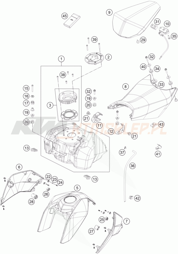 Schemat "zbiornik paliwa, siedzenie, pokrowiec" do KTM 390 DUKE ABS