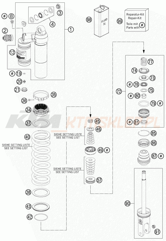 Schemat "amortyzator tył spis części" do KTM 350 XC-F