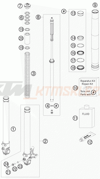Schemat "przód amortyzatory spis części" do KTM 690 DUKE