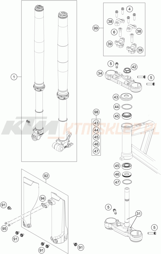 Schemat "przód amortyzatory, półki zawieszenia" do KTM SX-E 5