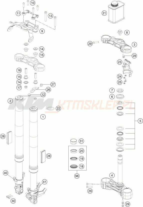 Schemat "przód amortyzatory, półki zawieszenia" do KTM 390 DUKE, W/O DRL