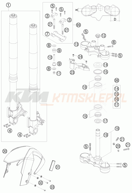 Schemat "przód amortyzatory, półki zawieszenia" do KTM 990 SUPERMOTO T LIM. EDIT.