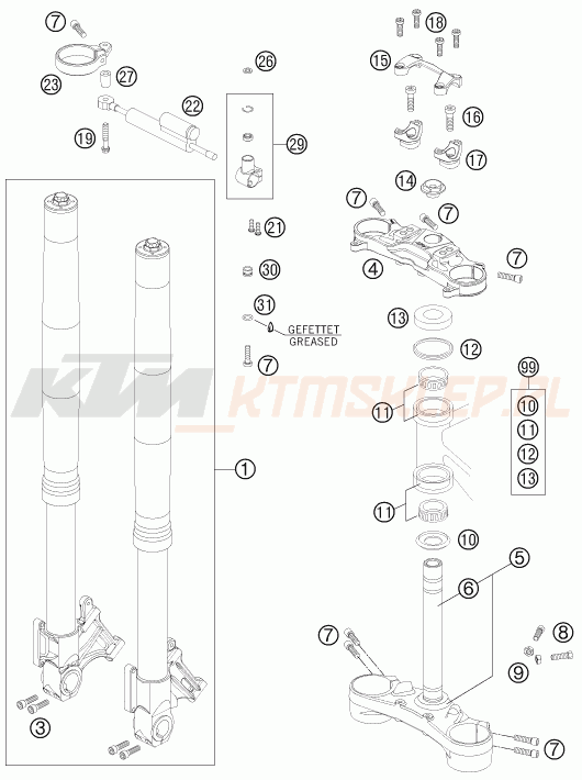 Schemat "przód amortyzatory, półki zawieszenia" do KTM 990 SUPER DUKE R