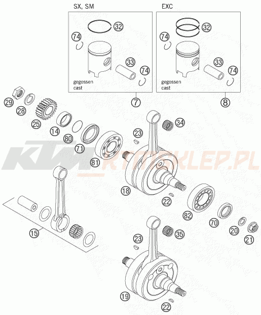 Schemat "wał korbowy, tłok" do KTM 125 SX