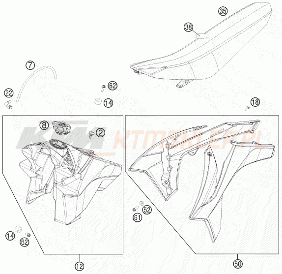 Schemat "zbiornik paliwa, siedzenie, pokrowiec" do KTM 250 SX-F