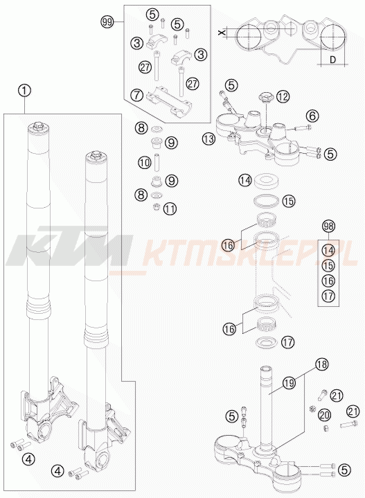Schemat "przód amortyzatory, półki zawieszenia" do KTM 990 SUPERMOTO R