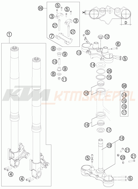 Schemat "przód amortyzatory, półki zawieszenia" do KTM 990 SUPERMOTO R