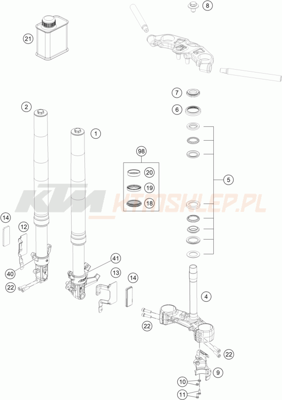 Schemat "przód amortyzatory, półki zawieszenia" do KTM RC 125