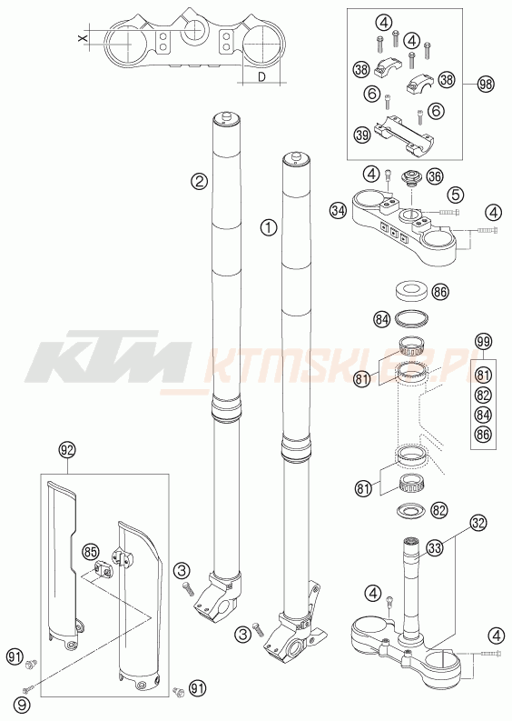 Schemat "przód amortyzatory, półki zawieszenia" do KTM 250 XC-W