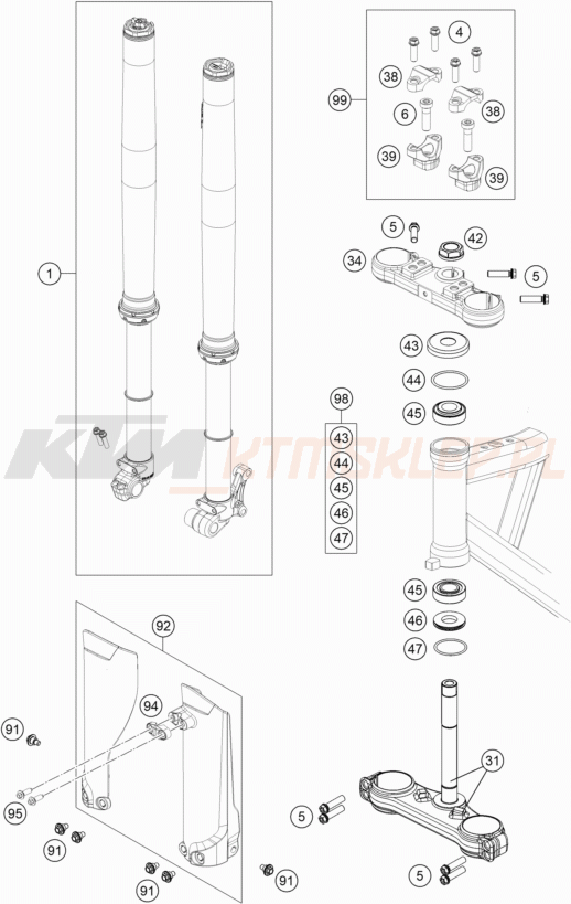 Schemat "przód amortyzatory, półki zawieszenia" do KTM SX-E 5