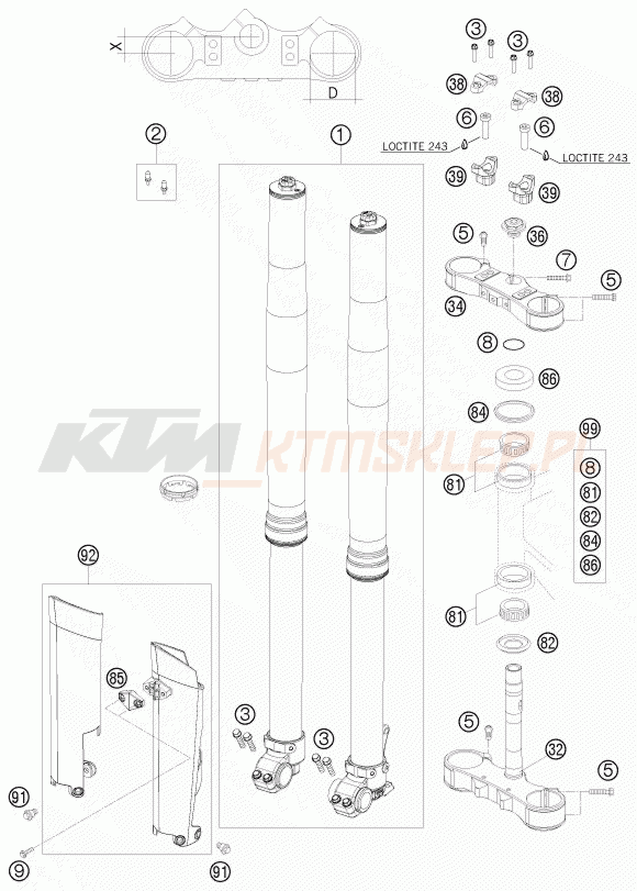 Schemat "przód amortyzatory, półki zawieszenia" do KTM 250 EXC SIX-DAYS