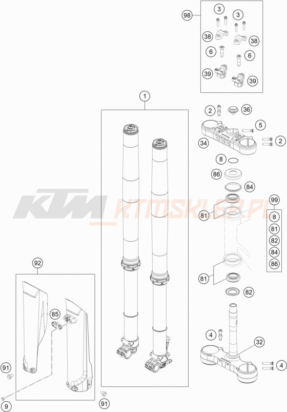 Schemat "przód amortyzatory, półki zawieszenia" do KTM 250 EXC Six Days TPI
